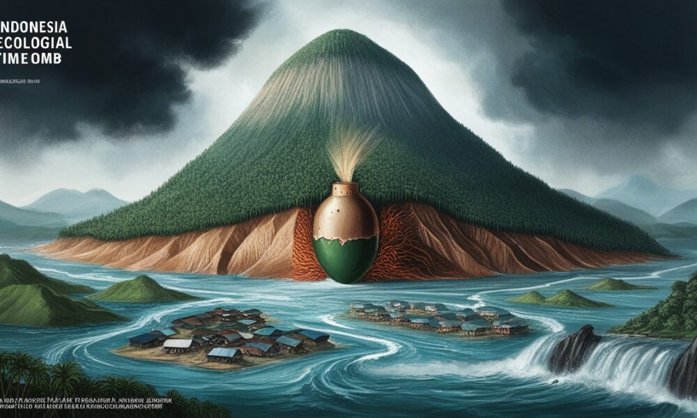 Ilustrasi editorial tentang bom waktu ekologis Indonesia: gunung berbentuk bom dengan lereng terdeforestasi, banjir bandang menerjang desa-desa di Sumatra.