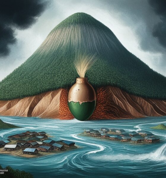 Ilustrasi editorial tentang bom waktu ekologis Indonesia: gunung berbentuk bom dengan lereng terdeforestasi, banjir bandang menerjang desa-desa di Sumatra.