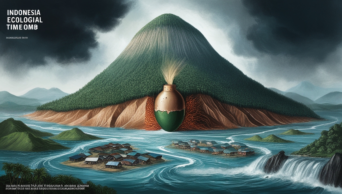 Ilustrasi editorial tentang bom waktu ekologis Indonesia: gunung berbentuk bom dengan lereng terdeforestasi, banjir bandang menerjang desa-desa di Sumatra.