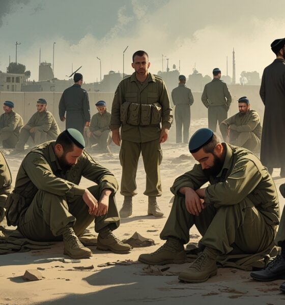Illustration of Israeli soldiers exhausted and distressed, symbolizing military manpower crisis and Haredi draft tensions.