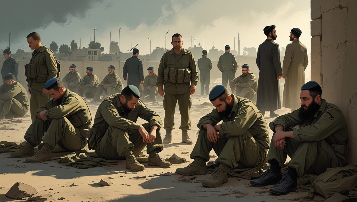Illustration of Israeli soldiers exhausted and distressed, symbolizing military manpower crisis and Haredi draft tensions.