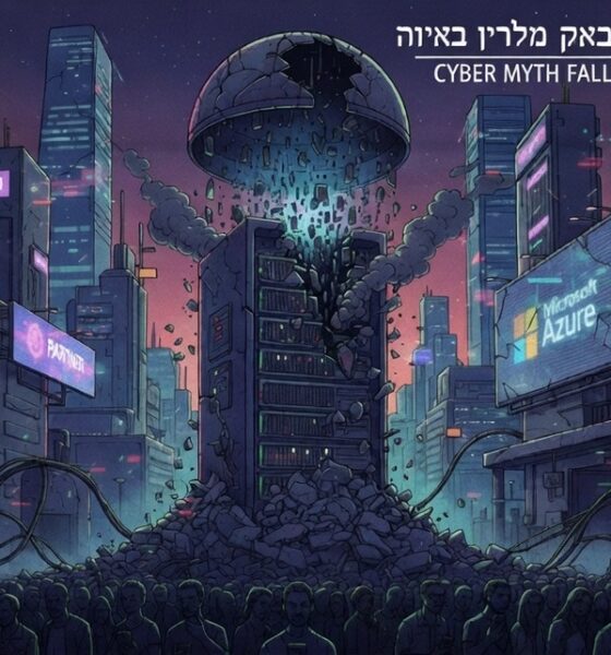 Sebuah ilustrasi server komputer yang retak dengan latar belakang peta digital