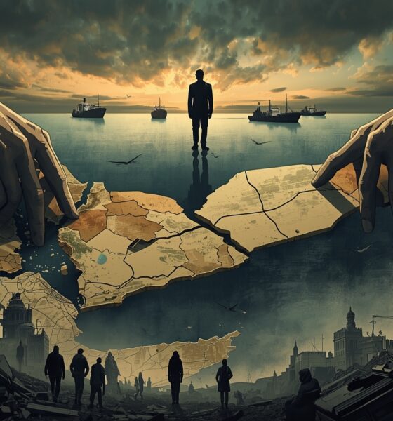 Editorial illustration showing a fragmented map of southern Yemen manipulated by unseen hands, with strategic Red Sea shipping lanes in the background.