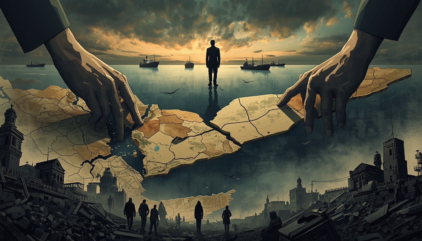 Editorial illustration showing a fragmented map of southern Yemen manipulated by unseen hands, with strategic Red Sea shipping lanes in the background.