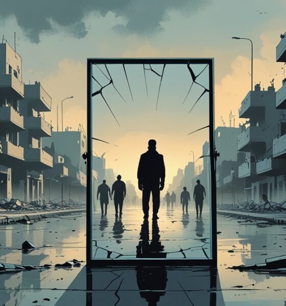 Ilustrasi editorial simbolik tentang transisi Suriah pasca-Assad, menampilkan cermin retak di jalan kota yang sunyi sebagai metafora ingatan dan kekerasan yang tersisa.