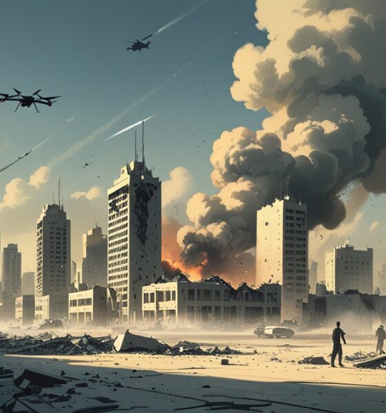 Illustration showing Israel’s city under attack during Operation True Promise III, highlighting destruction and chaos.