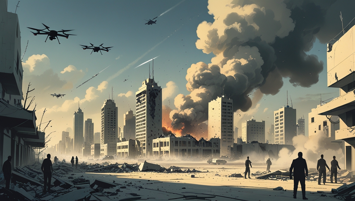 Illustration showing Israel’s city under attack during Operation True Promise III, highlighting destruction and chaos.