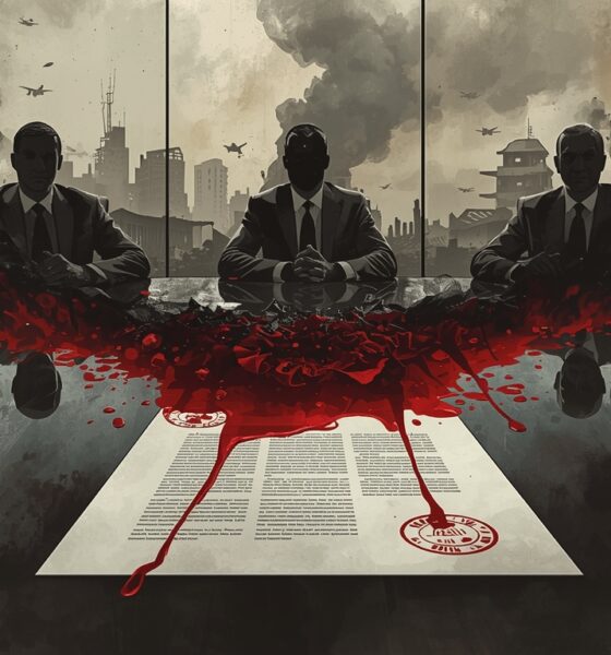 Blood-stained arms contract on a boardroom table transforming into smoke over Gaza’s ruins, symbolizing indirect complicity in the genocide.
