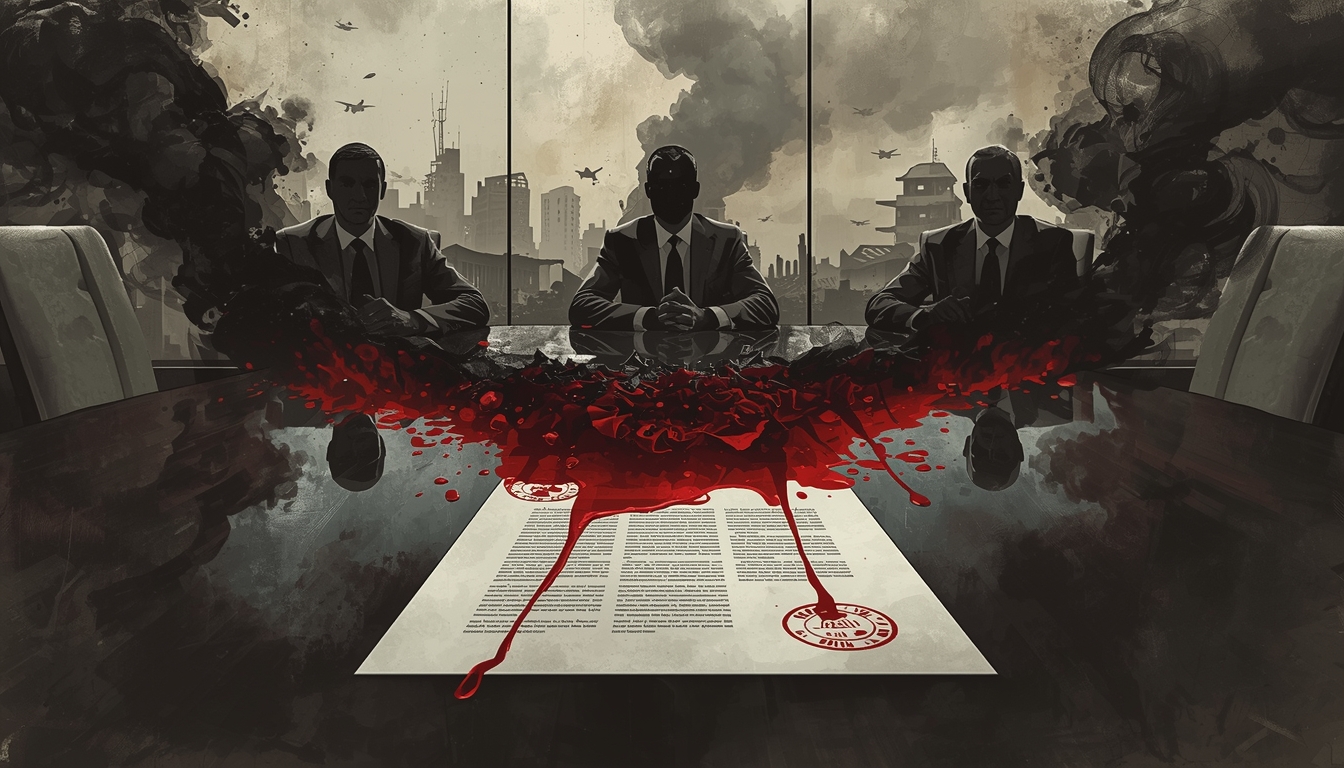 Blood-stained arms contract on a boardroom table transforming into smoke over Gaza’s ruins, symbolizing indirect complicity in the genocide.