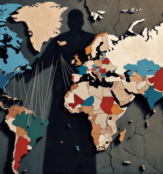 Ilustrasi editorial perang melawan dunia multipolar dan tekanan Amerika terhadap China Rusia BRICS