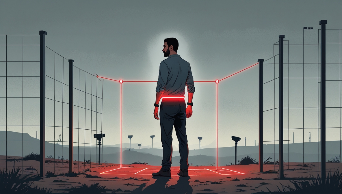 Ilustrasi gelang pelacak elektronik sebagai simbol penjara tanpa tembok di wilayah pendudukan Tepi Barat.