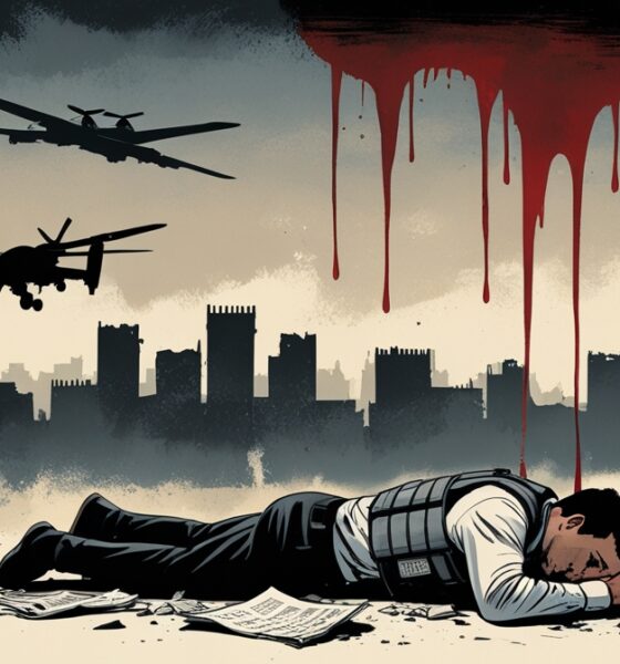 Ilustrasi editorial jurnalis Palestina di Gaza dengan rompi PRESS, kamera rusak, dan bayangan serangan militer Israel.