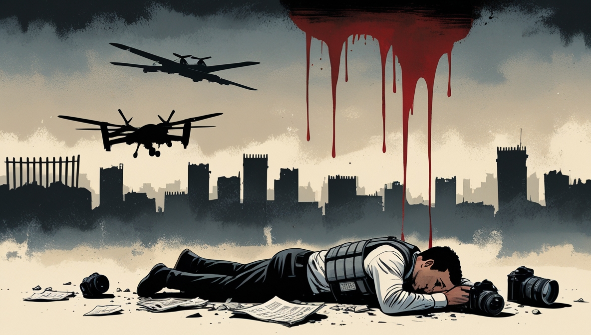 Ilustrasi editorial jurnalis Palestina di Gaza dengan rompi PRESS, kamera rusak, dan bayangan serangan militer Israel.