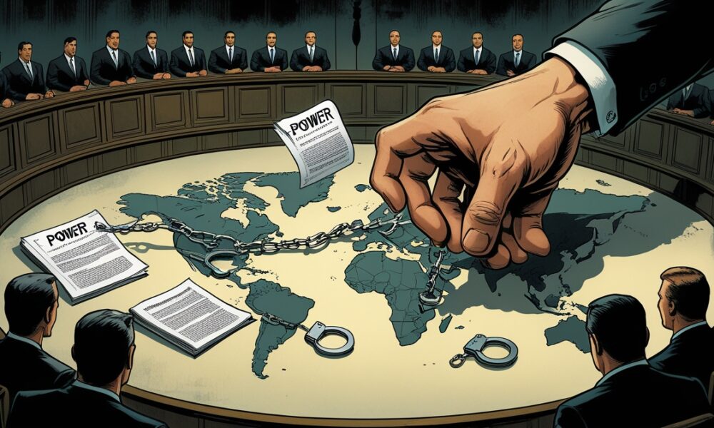 Ilustrasi editorial metaforis tentang penculikan kepala negara dan runtuhnya hukum internasional, dengan simbol kekuasaan global dan negara kecil dalam bayang-bayang ketakutan.