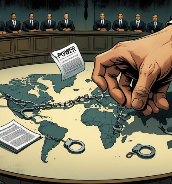 Ilustrasi editorial metaforis tentang penculikan kepala negara dan runtuhnya hukum internasional, dengan simbol kekuasaan global dan negara kecil dalam bayang-bayang ketakutan.