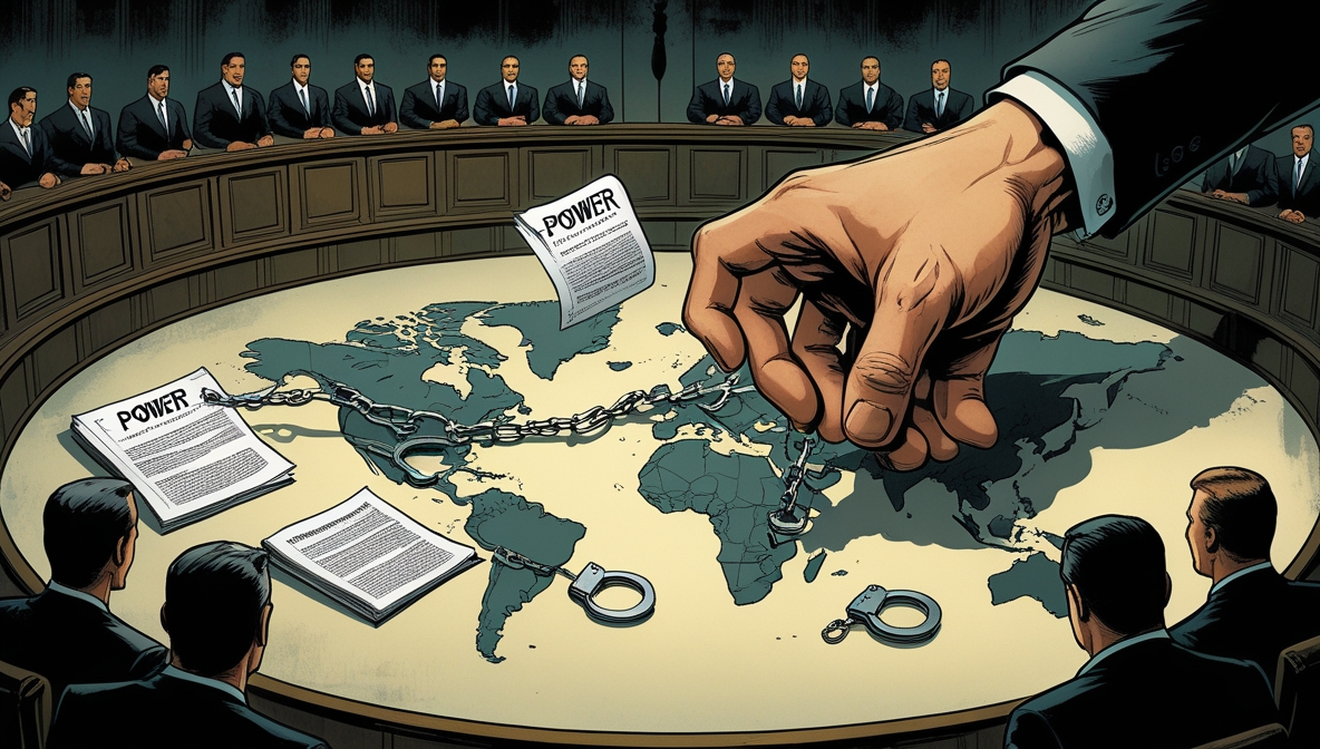 Ilustrasi editorial metaforis tentang penculikan kepala negara dan runtuhnya hukum internasional, dengan simbol kekuasaan global dan negara kecil dalam bayang-bayang ketakutan.