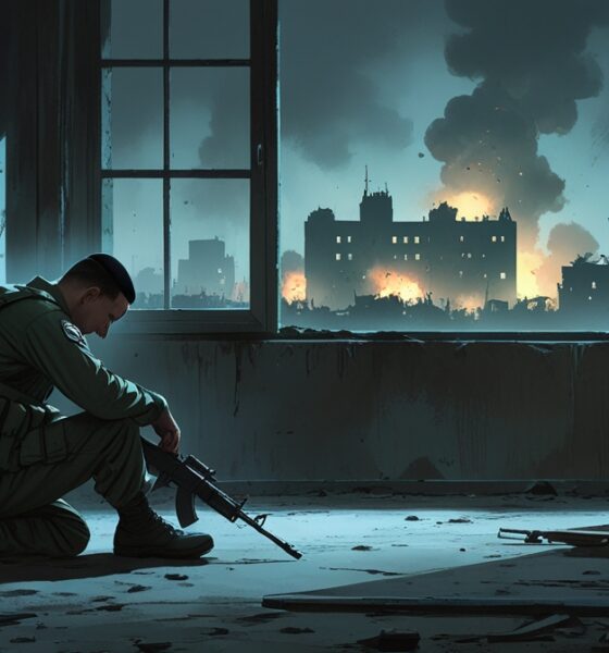 Ilustrasi tentara Israel duduk sendirian dalam ruang gelap, bayangan gedung negara membisu di belakangnya, simbol krisis moral dan meningkatnya bunuh diri militer.