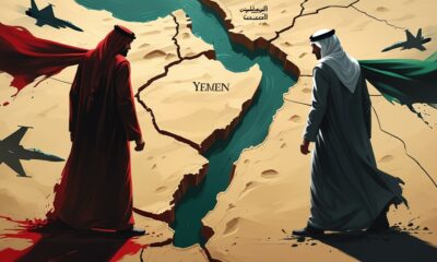 Ilustrasi editorial tentang runtuhnya koalisi UEA–Saudi di Yaman akibat konflik kepentingan dan perang proksi.