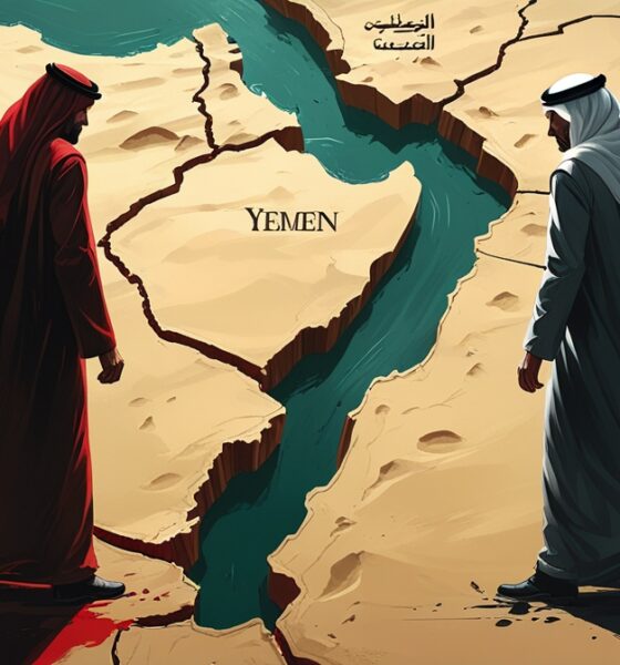 Ilustrasi editorial tentang runtuhnya koalisi UEA–Saudi di Yaman akibat konflik kepentingan dan perang proksi.