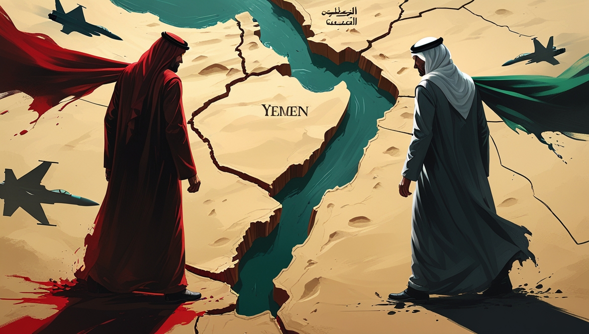 Ilustrasi editorial tentang runtuhnya koalisi UEA–Saudi di Yaman akibat konflik kepentingan dan perang proksi.