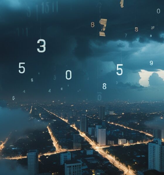 A cinematic aerial view of Caracas at night under heavy storm clouds, with dim city lights and faint floating numbers symbolizing geopolitical calculation and uncertainty.