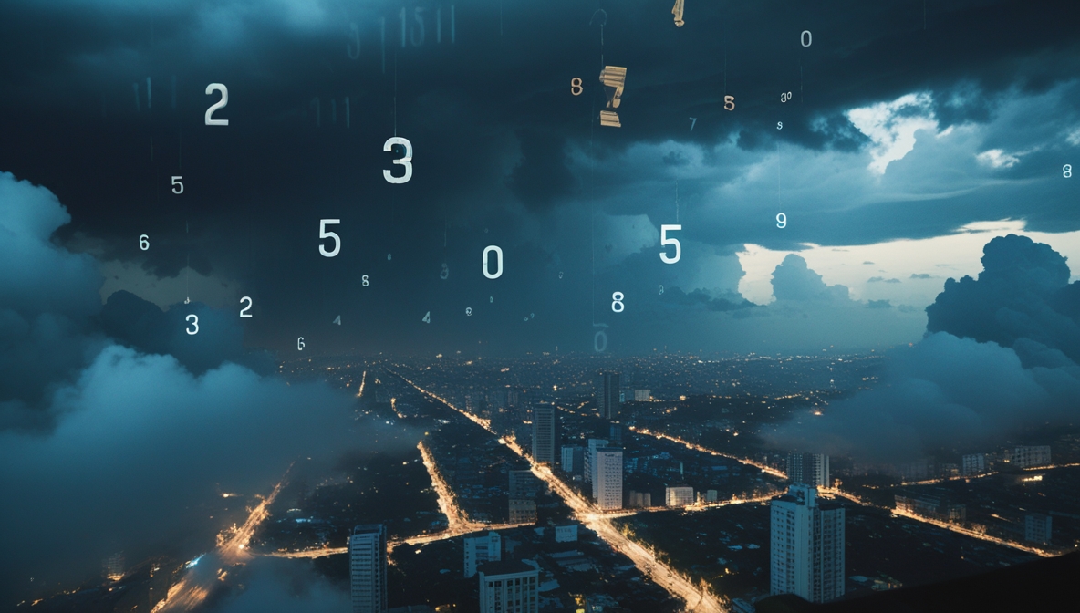 A cinematic aerial view of Caracas at night under heavy storm clouds, with dim city lights and faint floating numbers symbolizing geopolitical calculation and uncertainty.