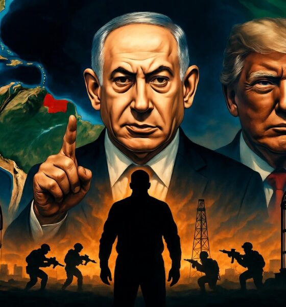 Ilustrasi editorial geopolitik moody: Figur mirip Netanyahu menunjuk peta Amerika Selatan dengan Venezuela berwarna merah, di belakangnya bayangan figur mirip Trump. Elemen minyak bumi, bendera Iran, pasukan khusus, dan kandang burung besar melambangkan ketegangan global dan penangkapan. Gaya kolase digital kontras tinggi dengan warna amber, biru tua, dan merah.