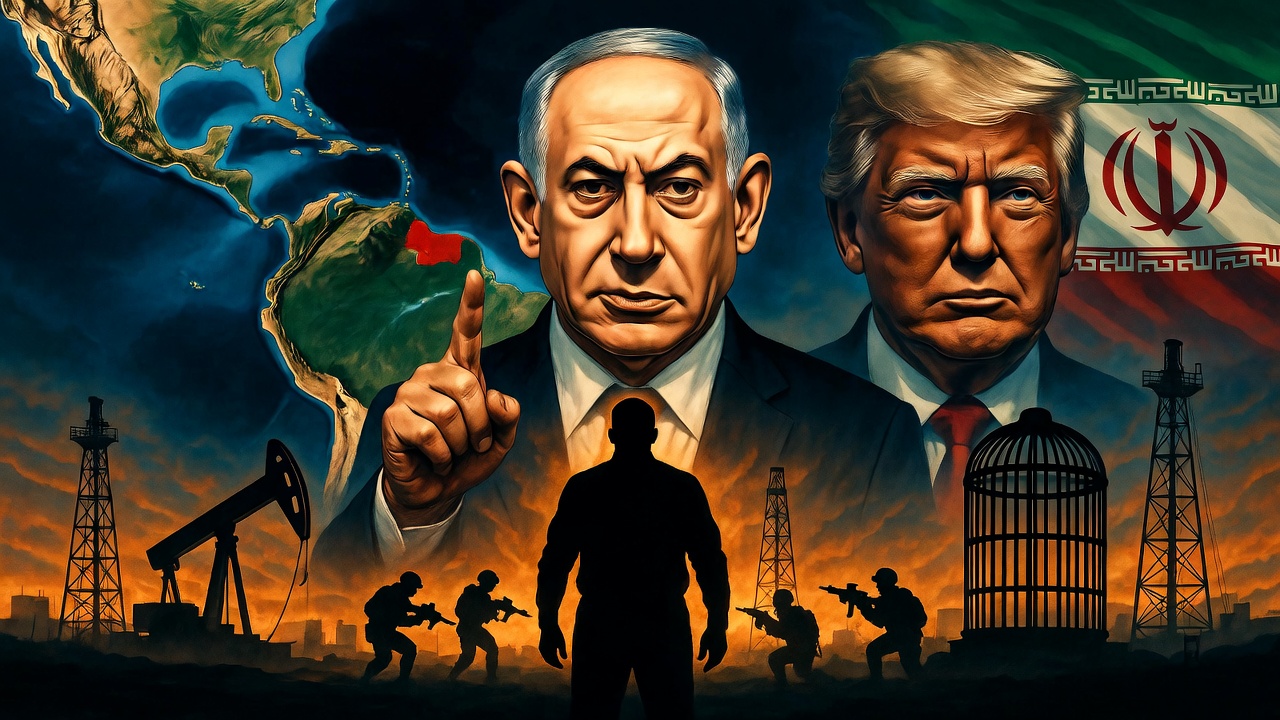 Ilustrasi editorial geopolitik moody: Figur mirip Netanyahu menunjuk peta Amerika Selatan dengan Venezuela berwarna merah, di belakangnya bayangan figur mirip Trump. Elemen minyak bumi, bendera Iran, pasukan khusus, dan kandang burung besar melambangkan ketegangan global dan penangkapan. Gaya kolase digital kontras tinggi dengan warna amber, biru tua, dan merah.