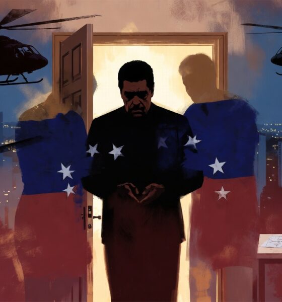 Ilustrasi editorial penculikan Maduro oleh AS dengan simbol pintu terbuka dari dalam, menggambarkan operasi militer rapi dan dugaan pengkhianatan internal di Venezuela.