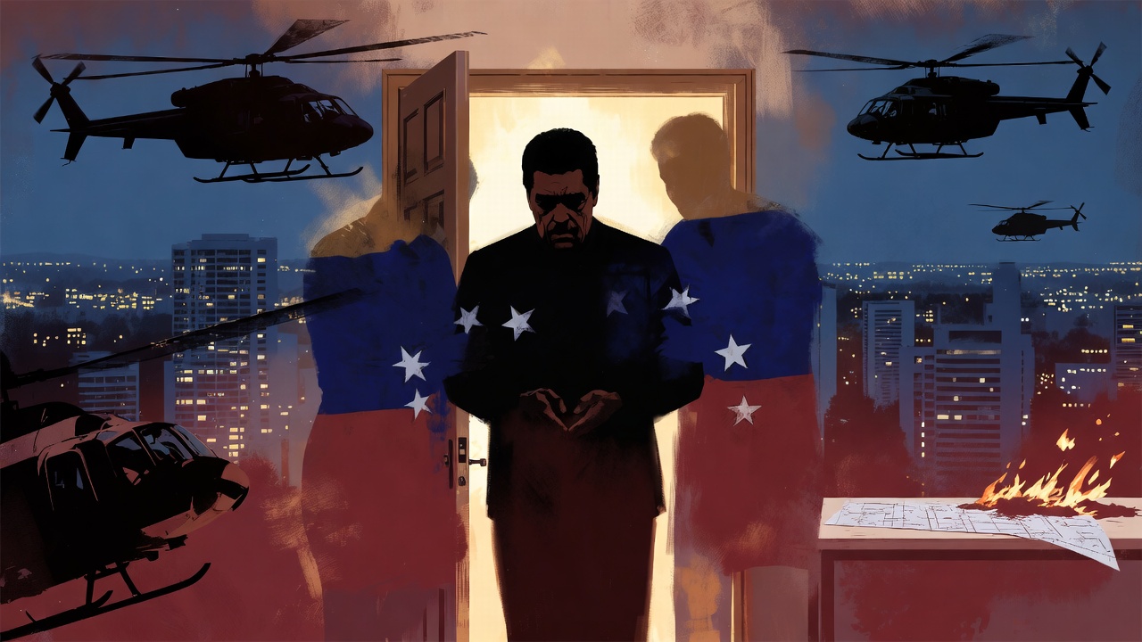 Ilustrasi editorial penculikan Maduro oleh AS dengan simbol pintu terbuka dari dalam, menggambarkan operasi militer rapi dan dugaan pengkhianatan internal di Venezuela.