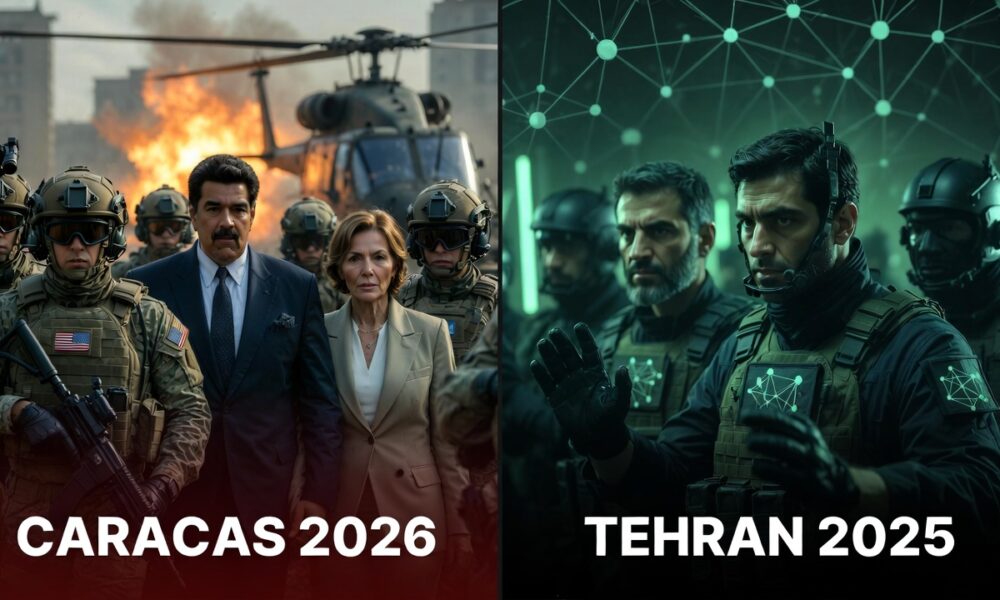 Editorial illustration showing Caracas 2026 successful kidnapping of President Maduro vs Tehran 2025 failed operation, highlighting the 'Tunduk atau Diculik' geopolitical message.