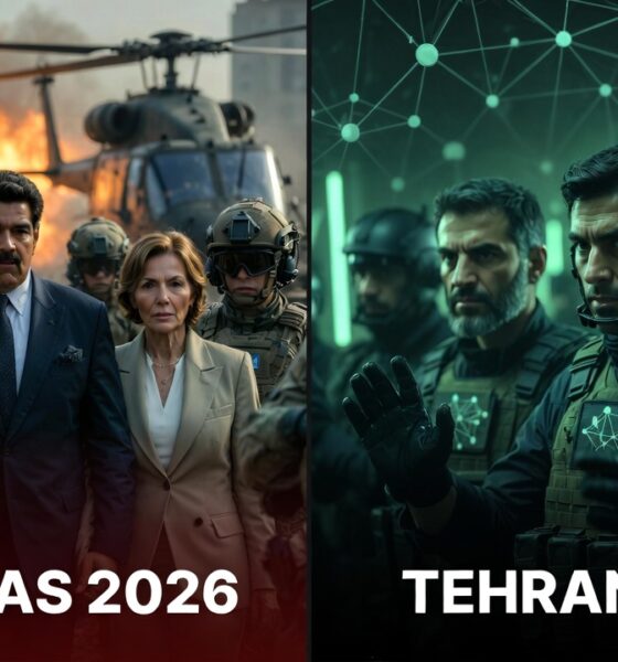 Editorial illustration showing Caracas 2026 successful kidnapping of President Maduro vs Tehran 2025 failed operation, highlighting the 'Tunduk atau Diculik' geopolitical message.