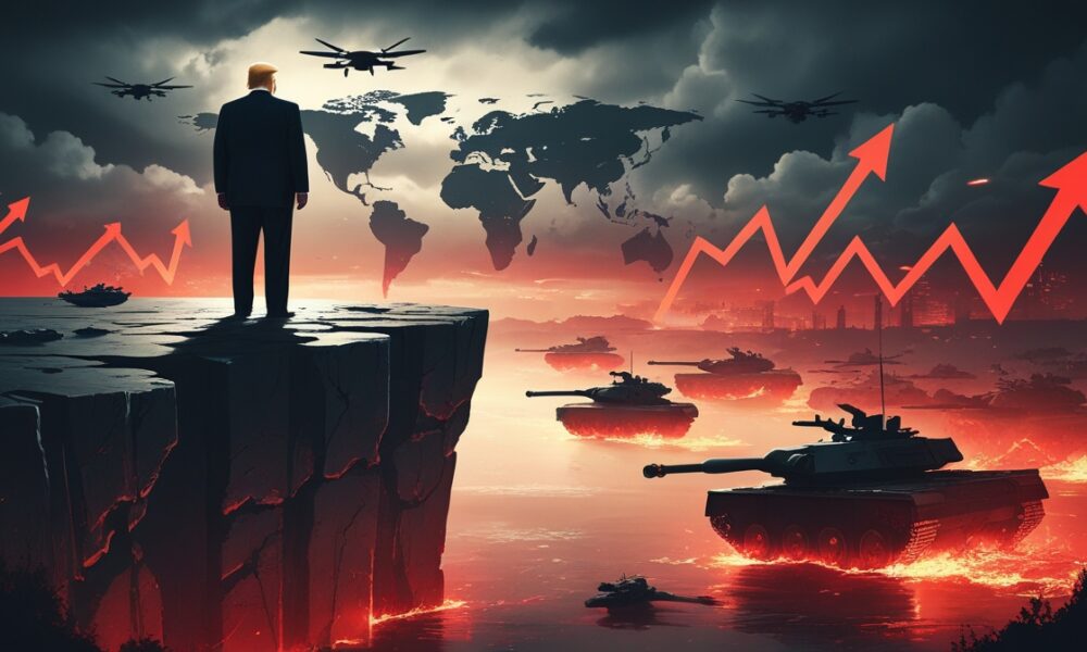 Ilustrasi editorial ketegangan global dan industri militer di era Trump yang mendorong dunia ke ambang perang.