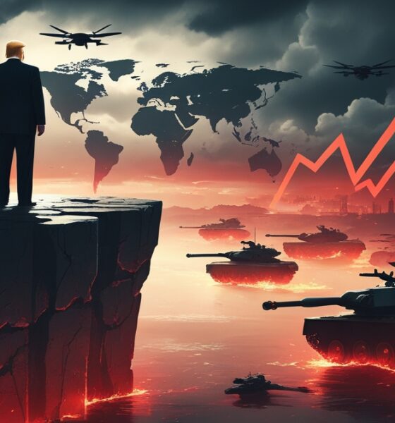 Ilustrasi editorial ketegangan global dan industri militer di era Trump yang mendorong dunia ke ambang perang.