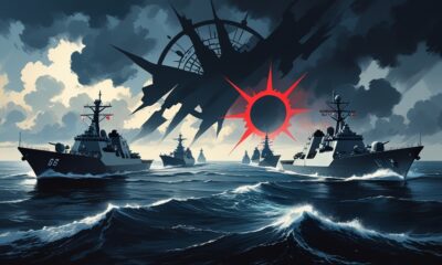 Ilustrasi editorial ketegangan laut global antara Amerika Serikat dan negara-negara BRICS di tengah latihan militer maritim.