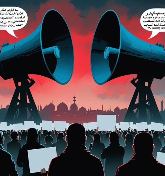 Ilustrasi editorial tentang protes Iran yang berubah menjadi arena perang narasi geopolitik global