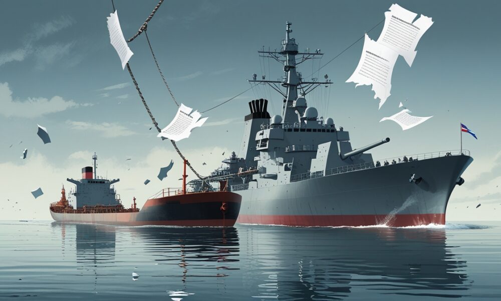 Ilustrasi kapal tanker dihentikan kapal perang di laut lepas, simbol penyitaan kapal tanker dan pelanggaran hukum laut internasional.