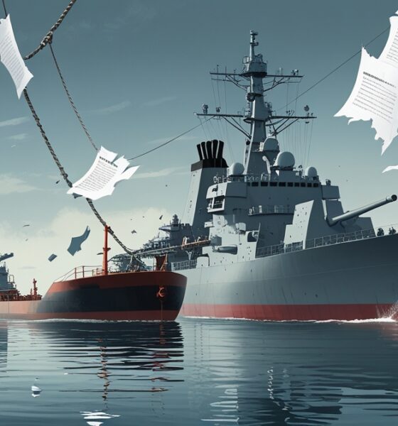 Ilustrasi kapal tanker dihentikan kapal perang di laut lepas, simbol penyitaan kapal tanker dan pelanggaran hukum laut internasional.