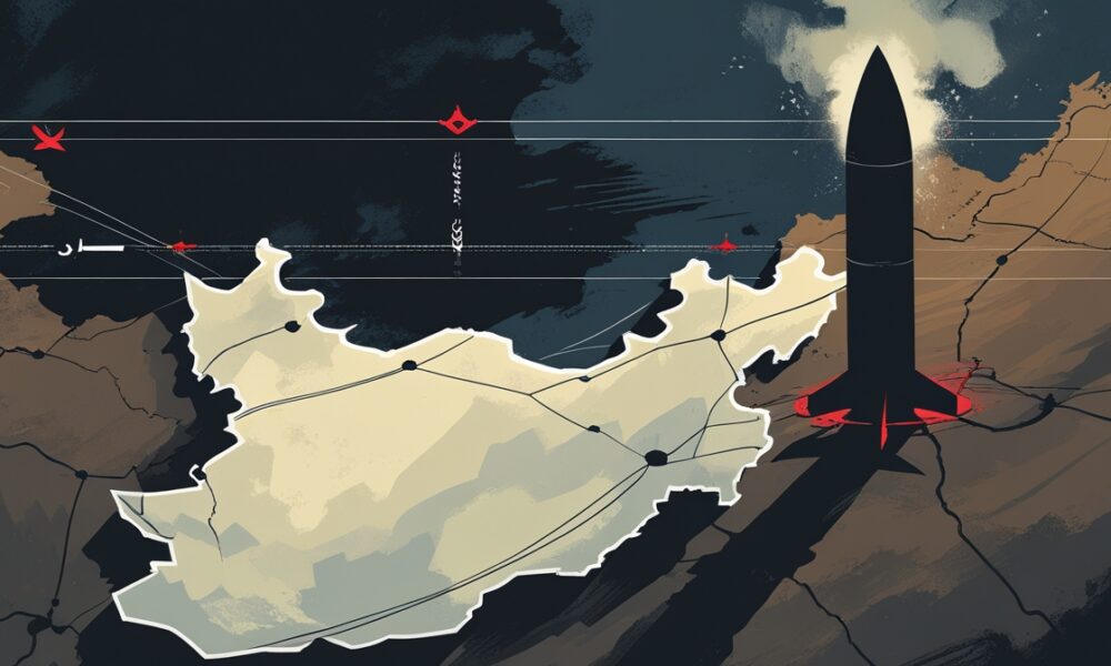 Ilustrasi editorial penutupan ruang udara Iran dengan simbol kesiapsiagaan rudal strategis