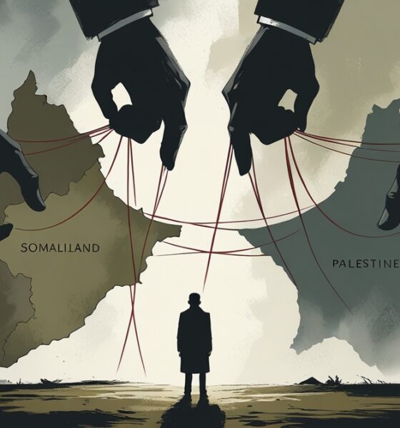 Ilustrasi editorial peta Somaliland dan Palestina yang saling bertumpuk, dengan benang geopolitik global ditarik tangan tak terlihat, melambangkan politik sunyi dan relokasi tersembunyi.