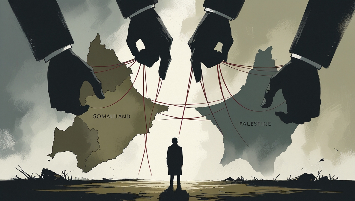 Ilustrasi editorial peta Somaliland dan Palestina yang saling bertumpuk, dengan benang geopolitik global ditarik tangan tak terlihat, melambangkan politik sunyi dan relokasi tersembunyi.