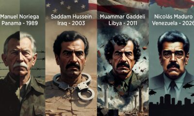 Ilustrasi editorial empat kepala negara—Manuel Noriega (Panama, 1989), Saddam Hussein (Irak, 2003), Muammar Gaddafi (Libya, 2011), dan Nicolás Maduro (Venezuela, 2026)—dalam potret simbolik yang merefleksikan preseden intervensi Amerika Serikat terhadap kedaulatan negara lain.