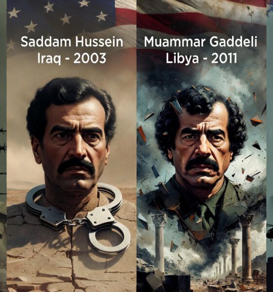 Ilustrasi editorial empat kepala negara—Manuel Noriega (Panama, 1989), Saddam Hussein (Irak, 2003), Muammar Gaddafi (Libya, 2011), dan Nicolás Maduro (Venezuela, 2026)—dalam potret simbolik yang merefleksikan preseden intervensi Amerika Serikat terhadap kedaulatan negara lain.