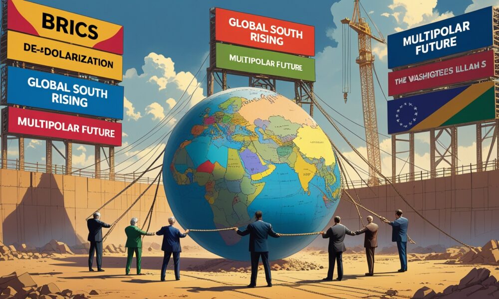 Ilustrasi BRICS dan dunia multipolar dengan bayang-bayang dominasi AS