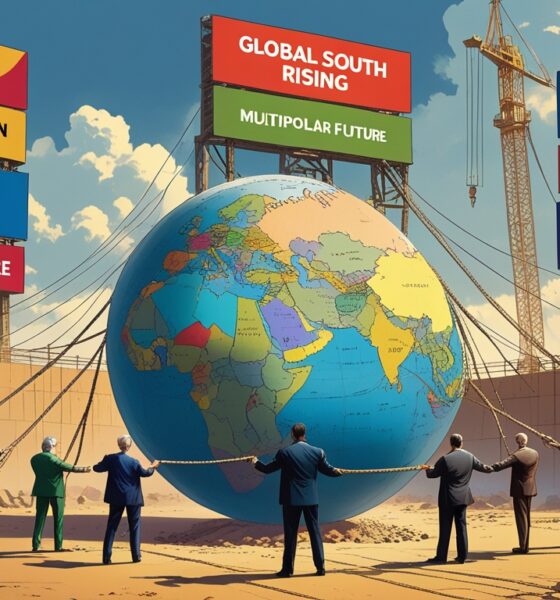 Ilustrasi BRICS dan dunia multipolar dengan bayang-bayang dominasi AS