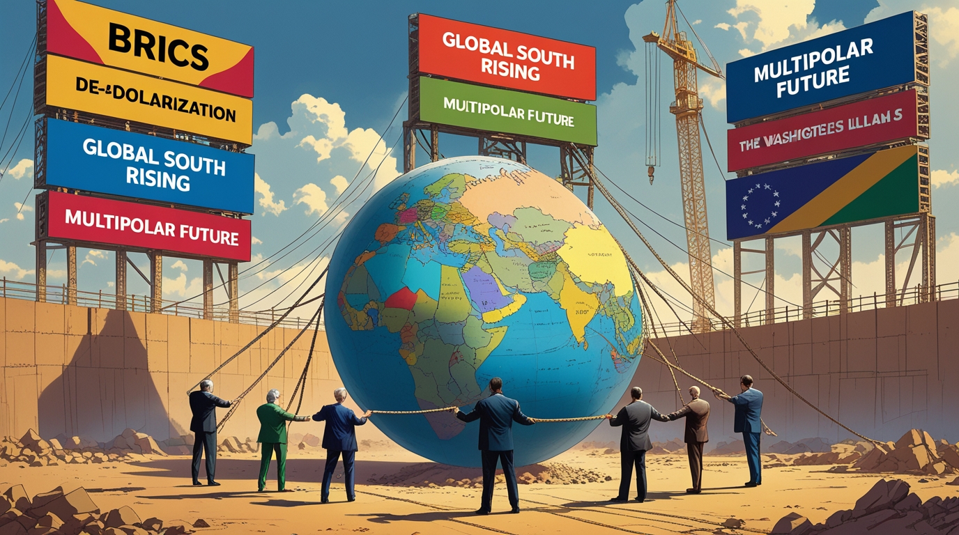 Ilustrasi BRICS dan dunia multipolar dengan bayang-bayang dominasi AS