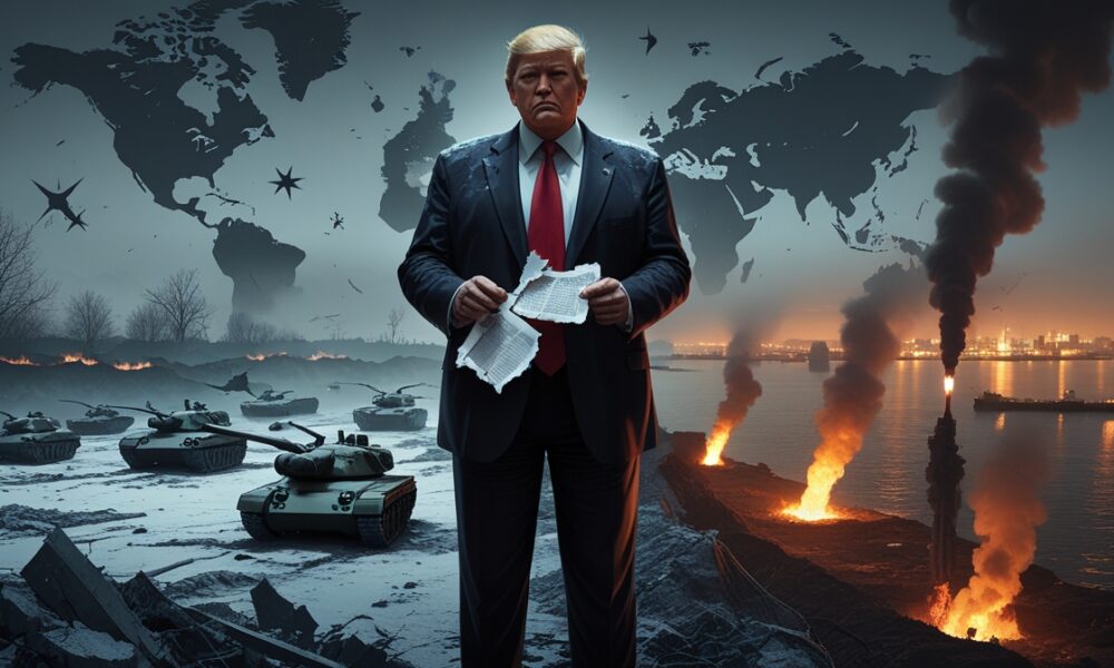 Ilustrasi Donald Trump di tengah bayangan perang Iran dan Ukraina