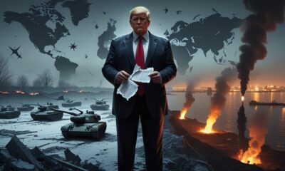 Ilustrasi Donald Trump di tengah bayangan perang Iran dan Ukraina