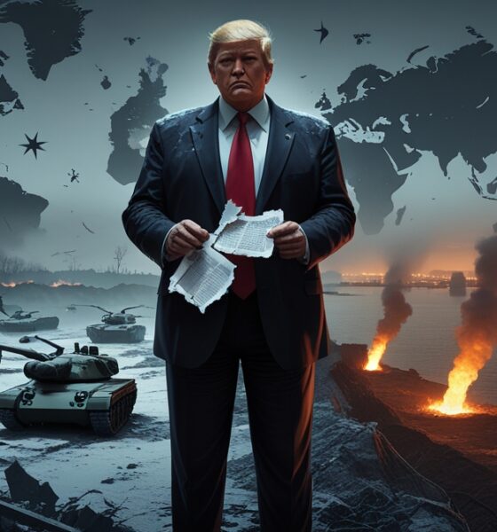Ilustrasi Donald Trump di tengah bayangan perang Iran dan Ukraina
