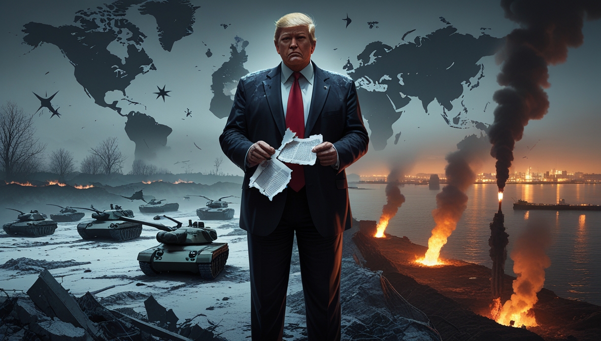 Ilustrasi Donald Trump di tengah bayangan perang Iran dan Ukraina